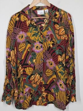 Vtg 90s Multicolor Floral Artsy Abstract Button Up Rayon Boho Festival Grunge 1X